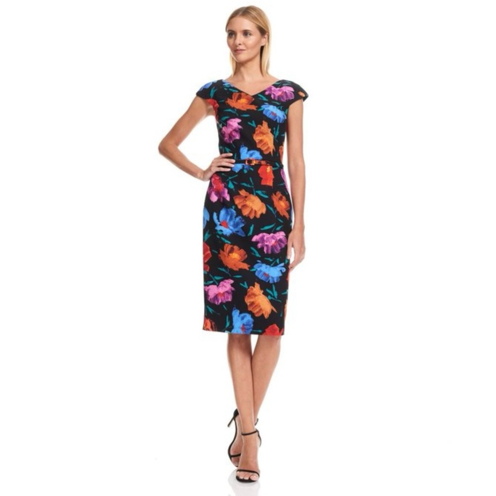David Meister Cap Sleeve Belted Floral Print Stretch Lined Sheath Dress Size 10